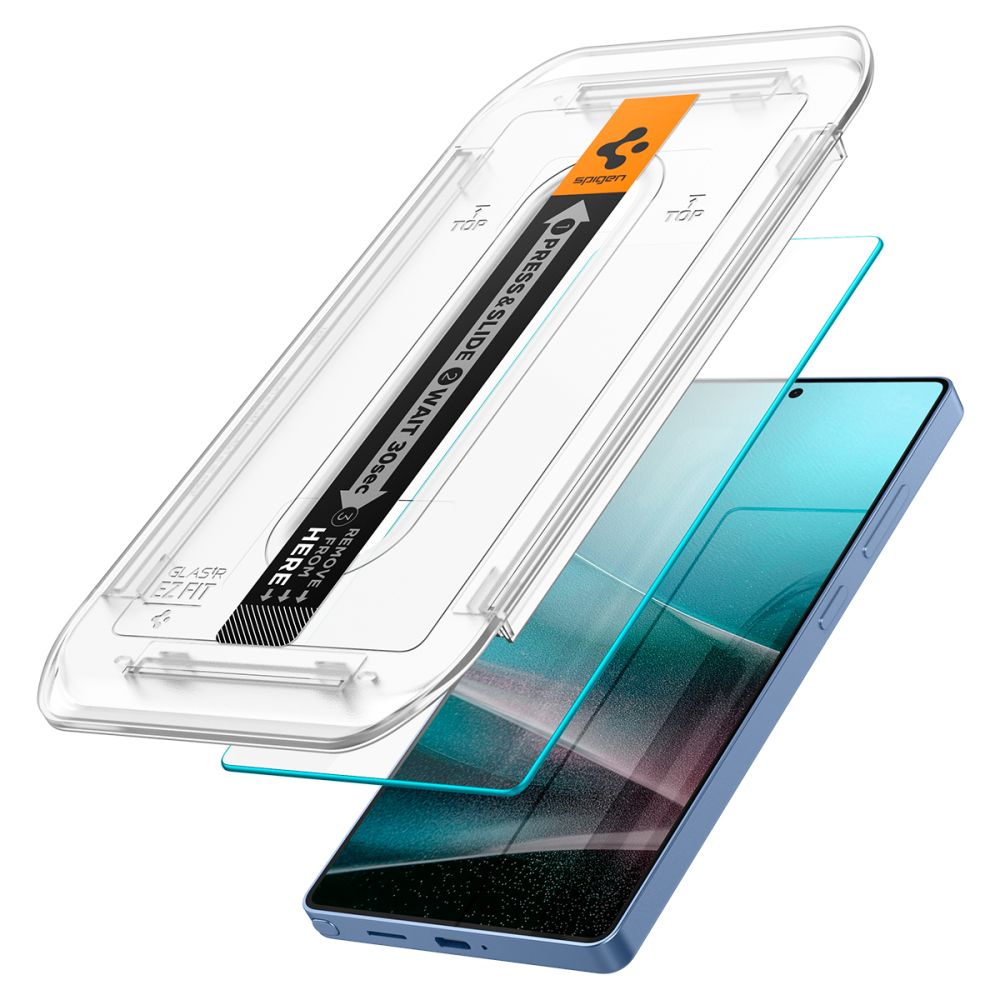 Spigen GLAS.tR EZ Fit ბრონირებული ეკრანის დამცავი Galaxy S25 Ultra-სთვის, თბილისში საუკეთესო დაცვა, ქეის მეგობრული დიზაინით და შავი კანტების გარეშე, ეკრანის დამცავი საუკეთესო ხარისხის თბილისში, საქართველოში, galaxy s25 ultra screen protector in tbilisi, case friendly