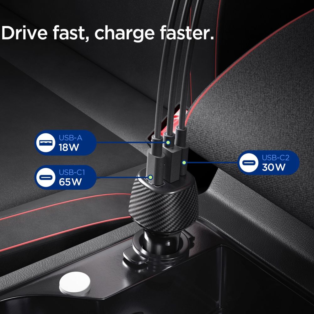 Spigen Essential 3-Port 113W მძლავრი მანქანის დამტენი ადაპტერი 3 პორტით, Type-C და USB-A პორტებით, კაბელთან ერთად.