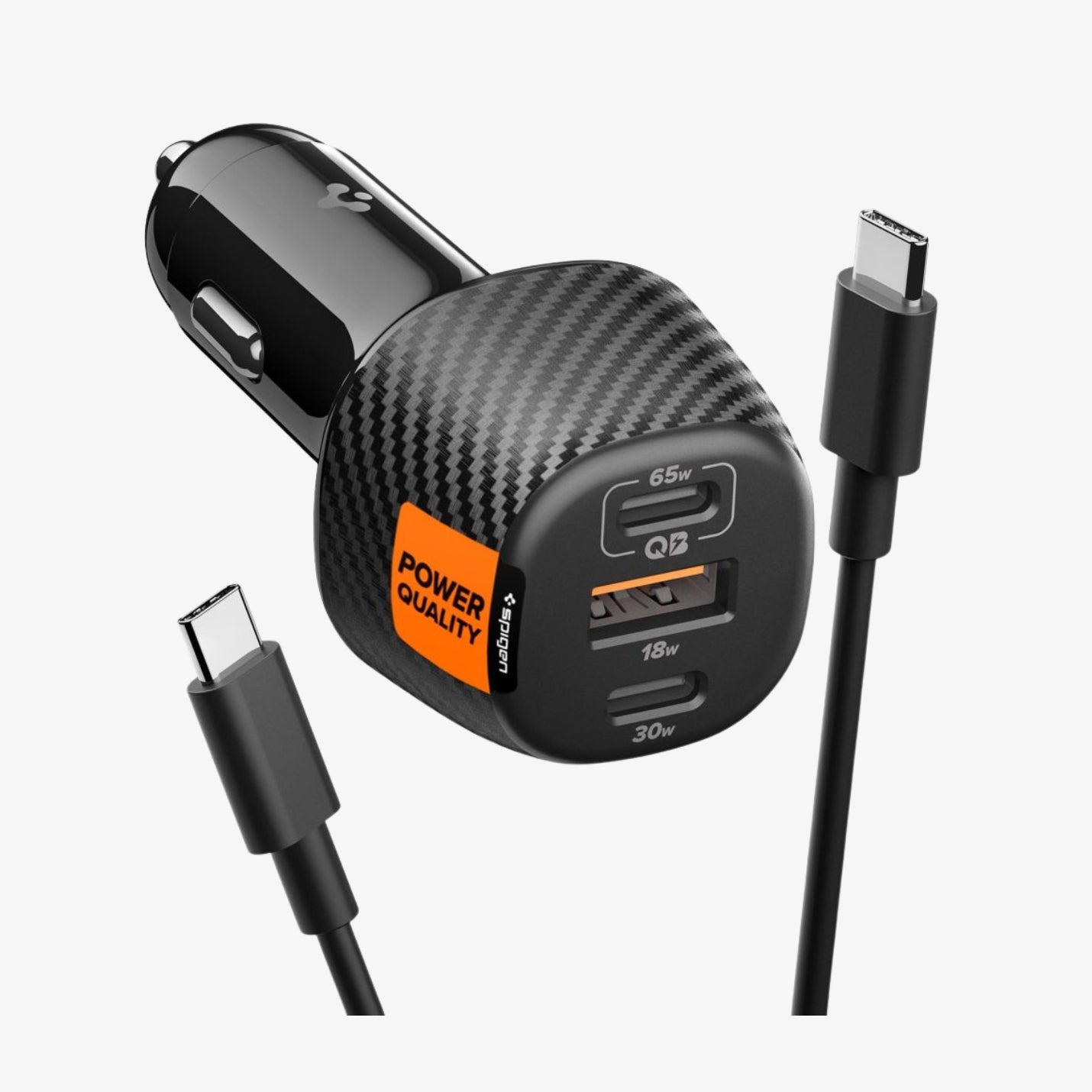 Spigen Essential 3-Port 113W მძლავრი მანქანის დამტენი ადაპტერი 3 პორტით, Type-C და USB-A პორტებით, კაბელთან ერთად.