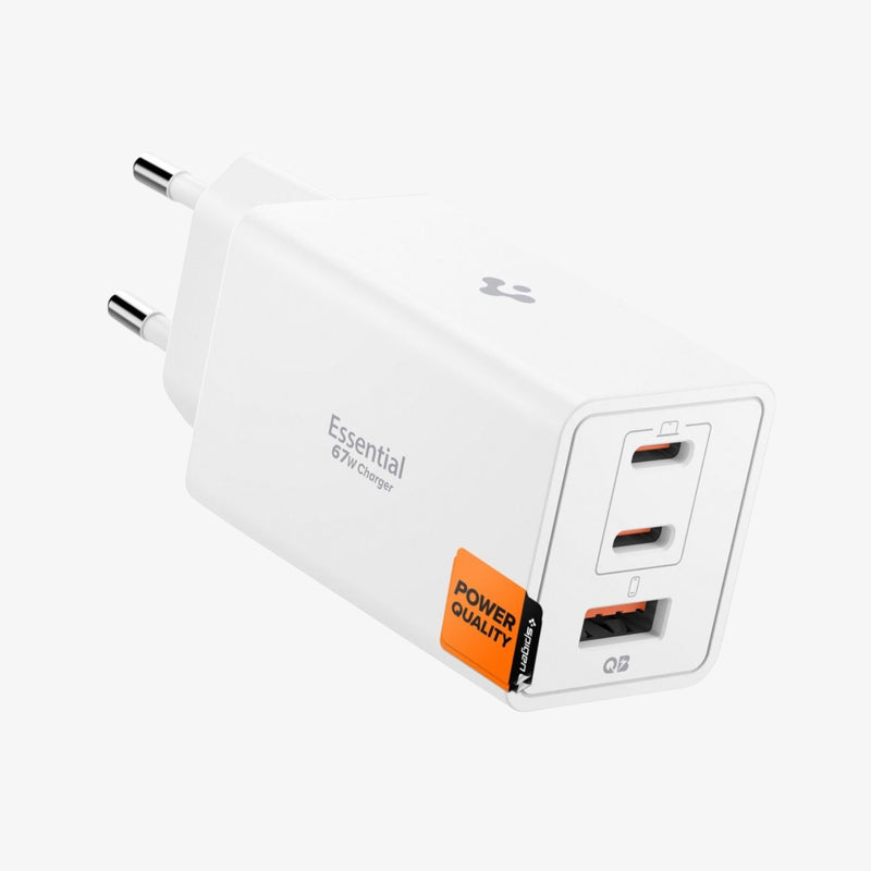 Spigen Essential 3-Port 67W სწრაფი დამტენი ადაპტერი სამი პორტით და პრემიუმ დიზაინით.