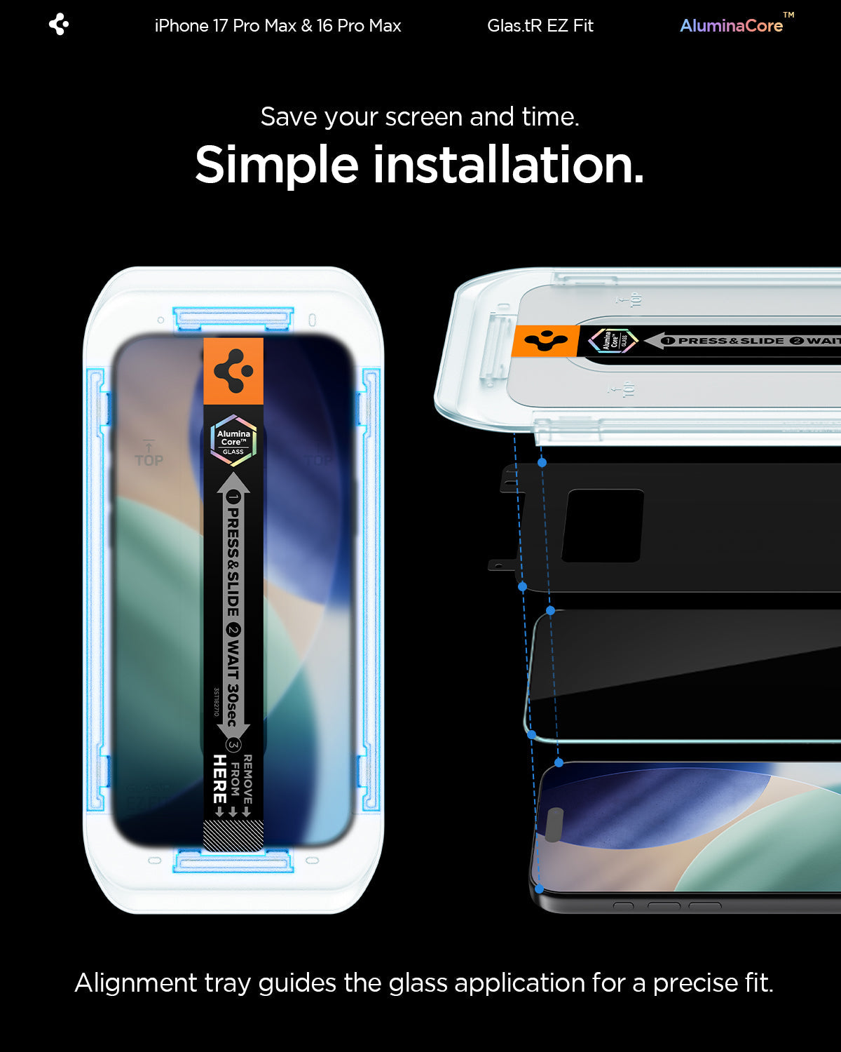 Spigen GLAS.tR EZ Fit AC დამცავი შუშა iPhone 18 Pro Max მარტივი ინსტალაციით