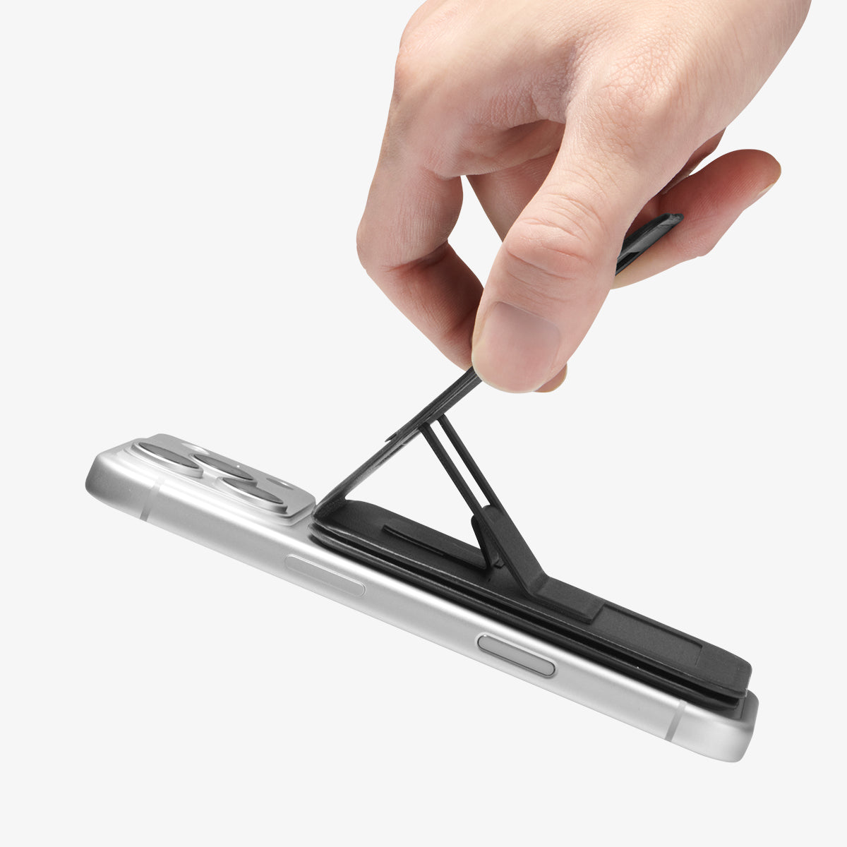 Spigen Slim Fold Tripod | S314-3 Magsafe Wallet — ბარათების ჩასადები საფულე ტელეფონის სადგამი და სმარტფონის დასაყენებელი.