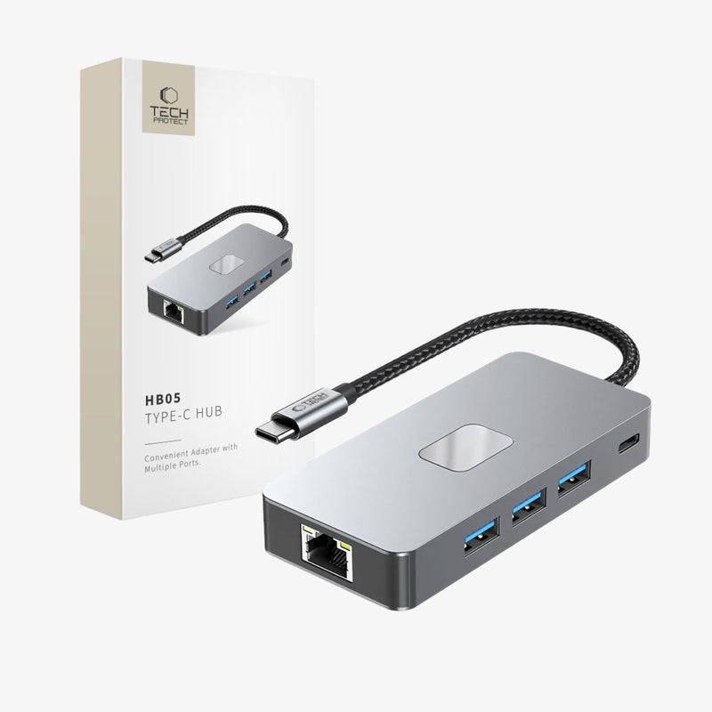 Tech-Protect HB05 9-in-1 Type-C Hub Adapter USB 2.0, USB 3.0, HDMI 4K 60Hz, SD/TF, PD 100W და RJ45 1000M პორტებით, Space Grey